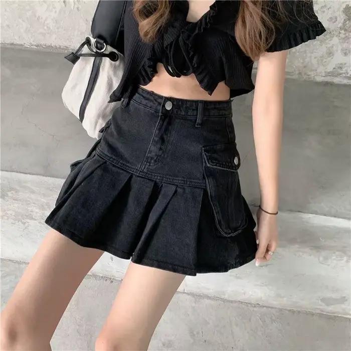 Jupes en Jean noires pour femmes, Streetwear, taille haute, courtes, Slim, Sexy, plissée, avec poche