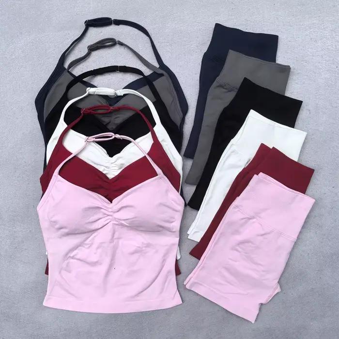Ensemble de Yoga sans couture pour femmes, 2 pièces, débardeur rembourré, col licou, froissé, levage