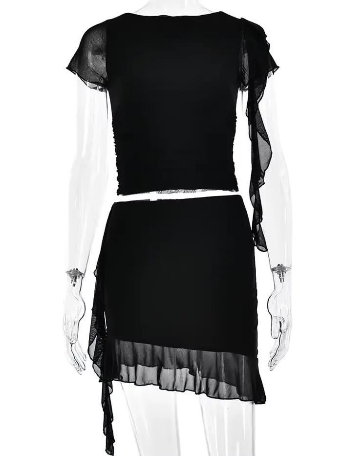 Articat-Ensemble deux pièces sexy pour femme, maille double couche, à volants, transparent, serré, m