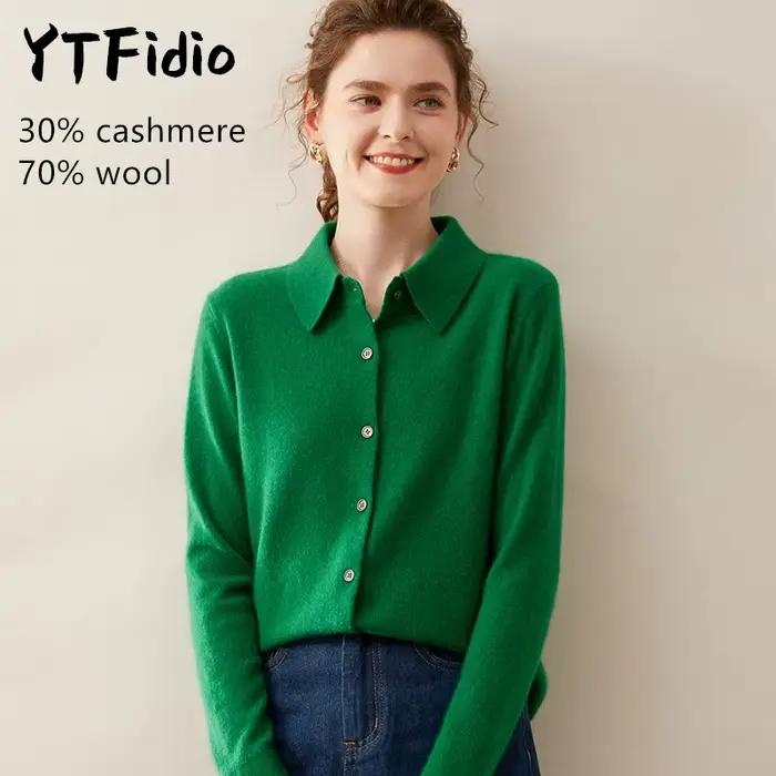 YTFidio cachemire laine mérinos pull femmes col POL à manches longues haut de luxe vêtements de créa