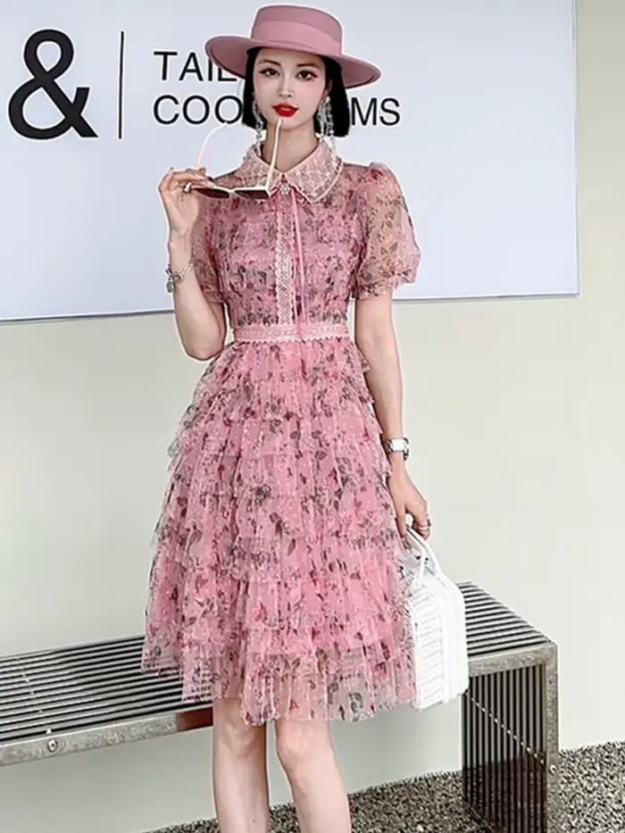 SMTHMA-Robe d'été légère à col perlé pour femme, robes de gâteau de style doux exquis, patchwork imp