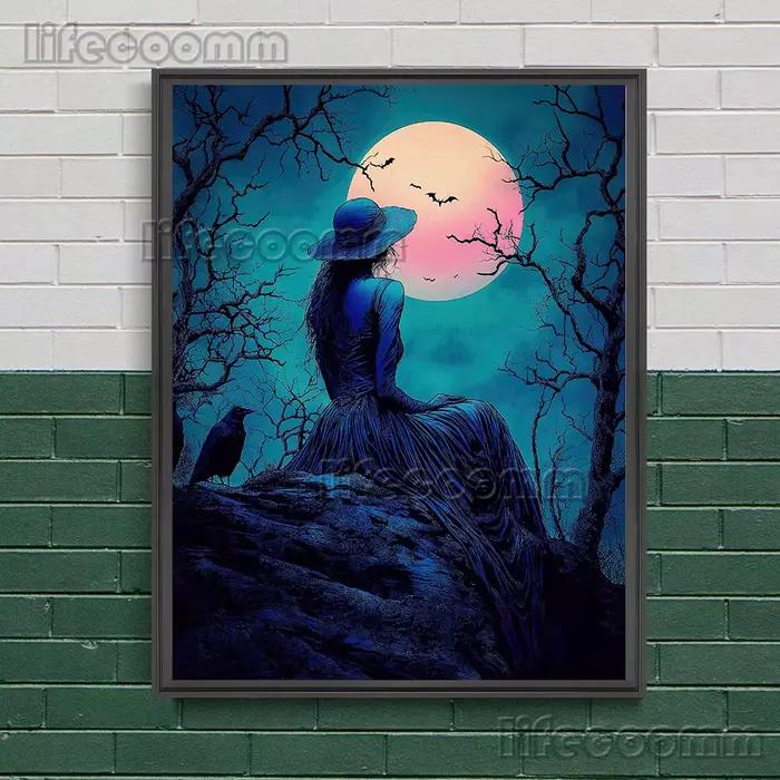 Peinture sur toile d'art mural abstrait de sorcière de nuit solitaire, affiche d'art d'illustration 