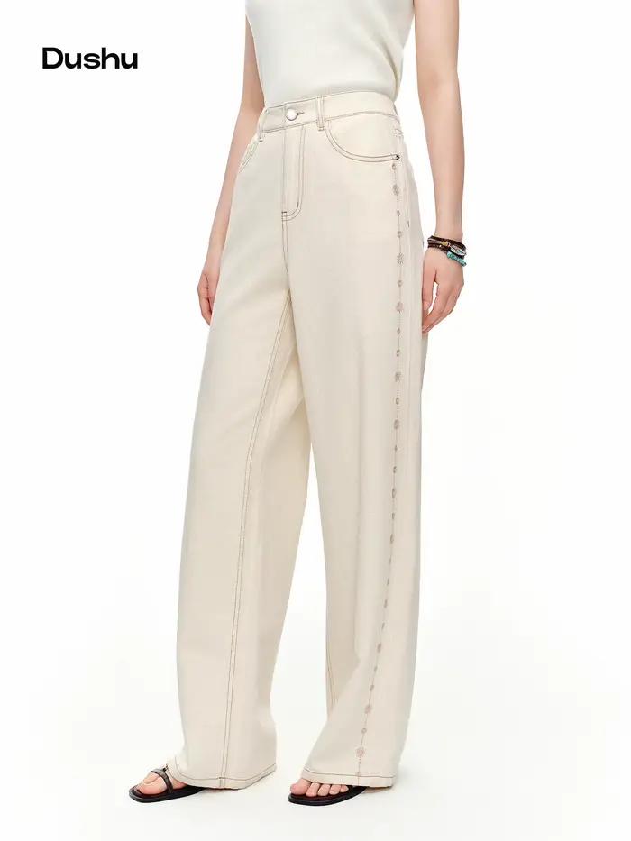 DUSHU 2024 – Jean droit brodé en mélange de lin blanc pour femme – Pantalon élégant et décontracté p
