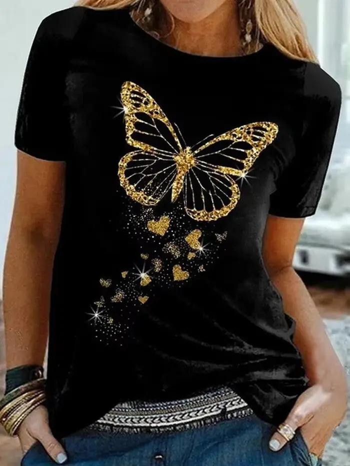 Papillon doré imprimé femmes t-shirt à manches courtes col rond femmes t-shirt dames t-shirt hauts v