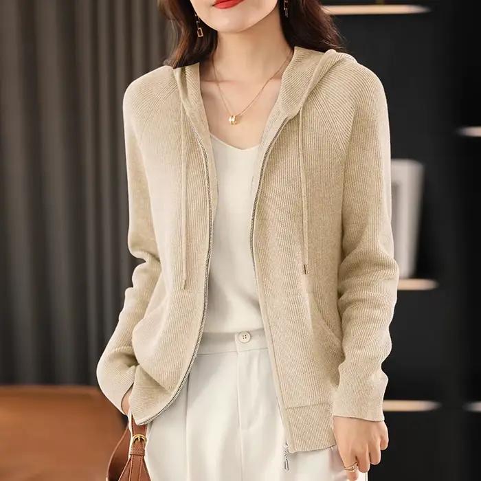 Pull en mélange de laine pour femme, col à capuche, tricoté épais, fermeture éclair, avec base de po