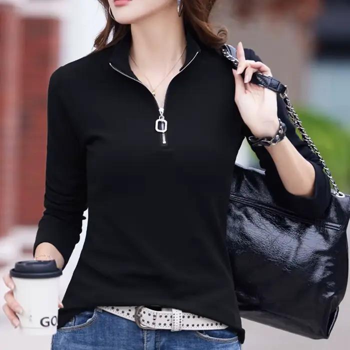 Automne hiver fermeture éclair à manches longues t-shirt femmes Style coréen mince t-shirts Mujer de