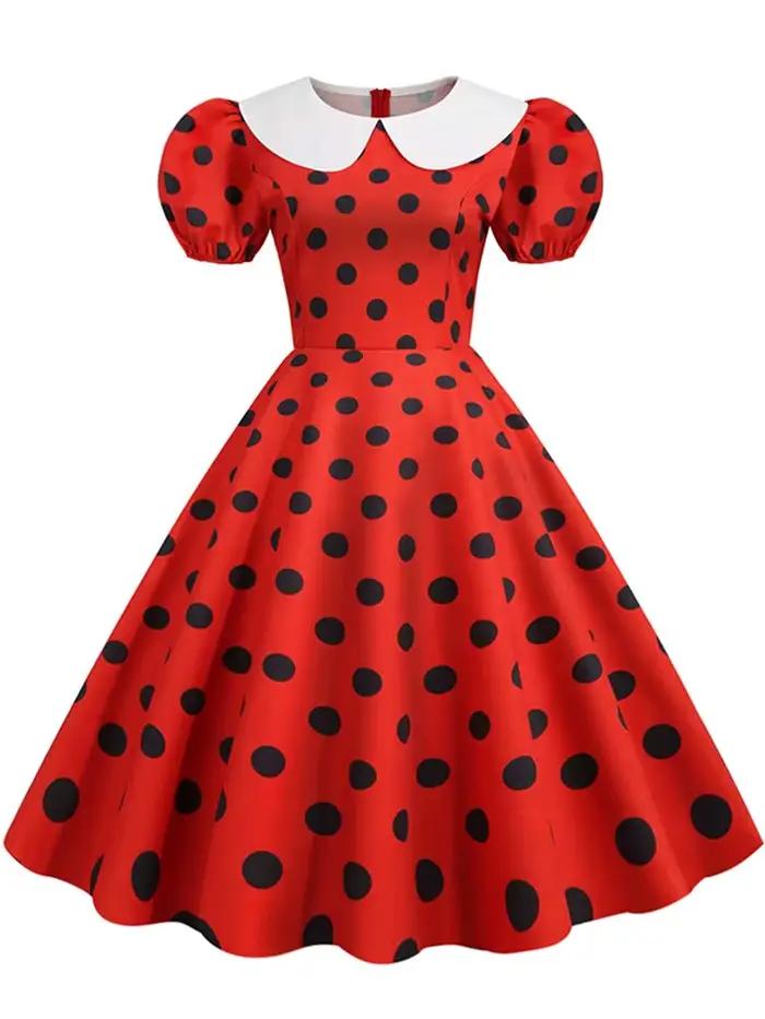 Robe d'été élégante pour femme, manches courtes bouffantes, à pois, col Peter Pan, style vintage, co
