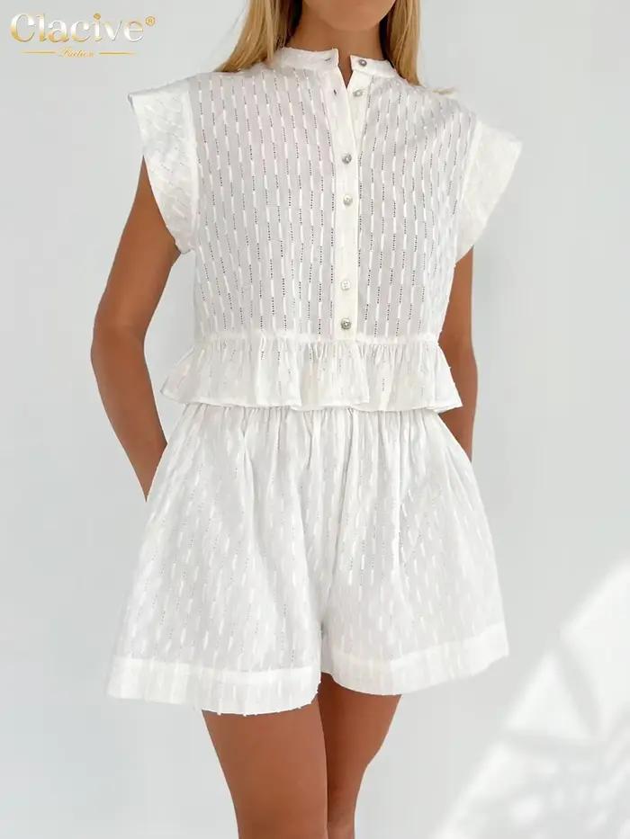 ClacMarkets-Ensemble 2 Pièces Décontracté pour Femme, Haut en Fibre Précieuse, Blanc, Taille Haute, 