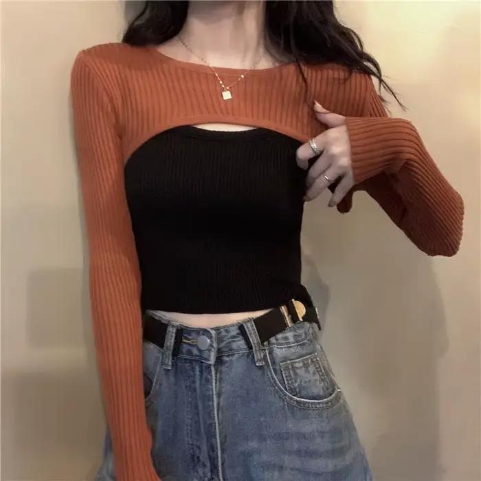 Crop Top à Manches sulfet Col Rond pour Femme, Vêtement Décontracté et Doux, Style Hipster