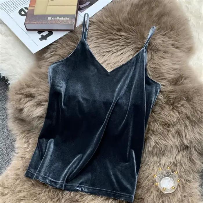 Blusa mujer moda mode sexy femmes velours débardeur haut court été coréen streetwear or velours cami