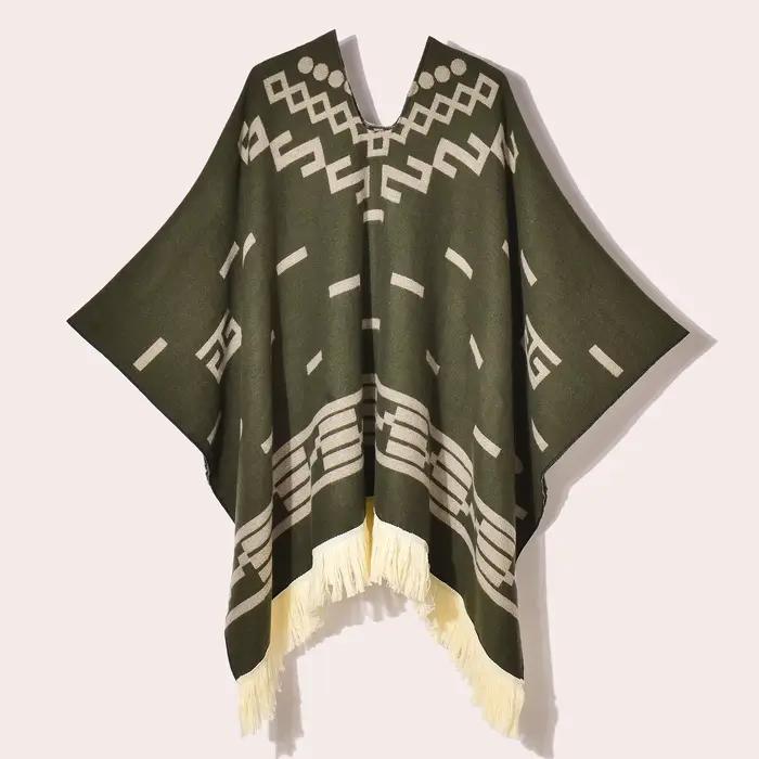 Poncho de voyage pour femmes, châle, Style ethnique, glands, Cape à capuche, Jacquard chaud d'hiver,