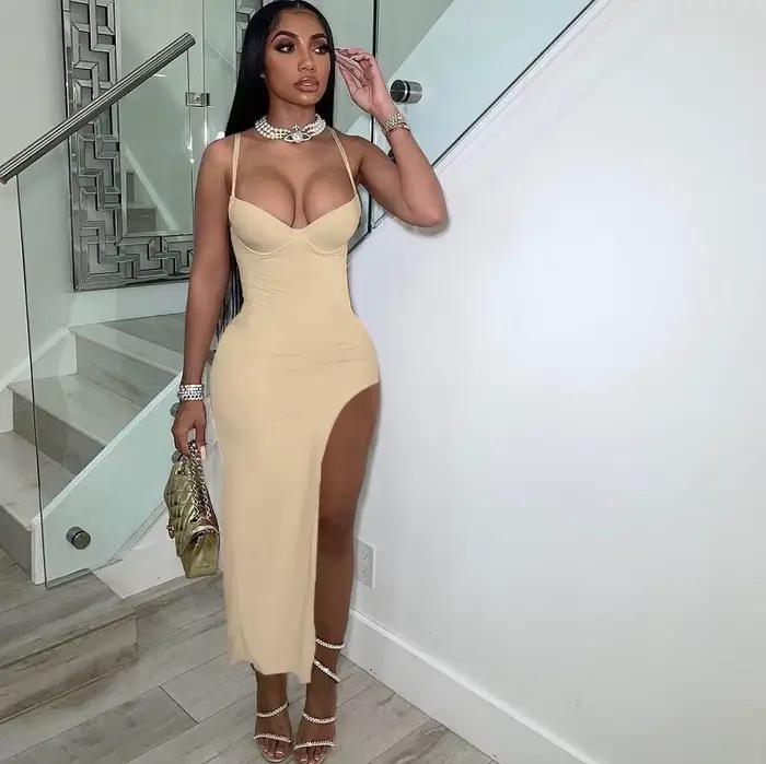 Robe de Soirée Sexy à Bretelles Spaghetti pour Femme, Tenue Élégante à Fente Haute, Dos aux, Slim, T