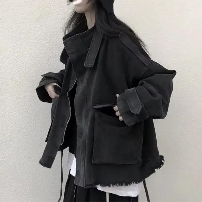 Gidyq-Veste en jean à pampilles pour femmes, mode coréenne, grande poche, adt, denim, combiné, tout 