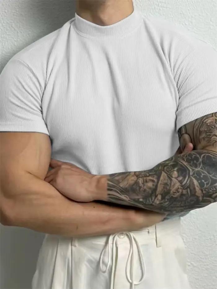 Printemps été mode hommes T-shirt petit col haut chemise à rayures à manches courtes haut de fitness