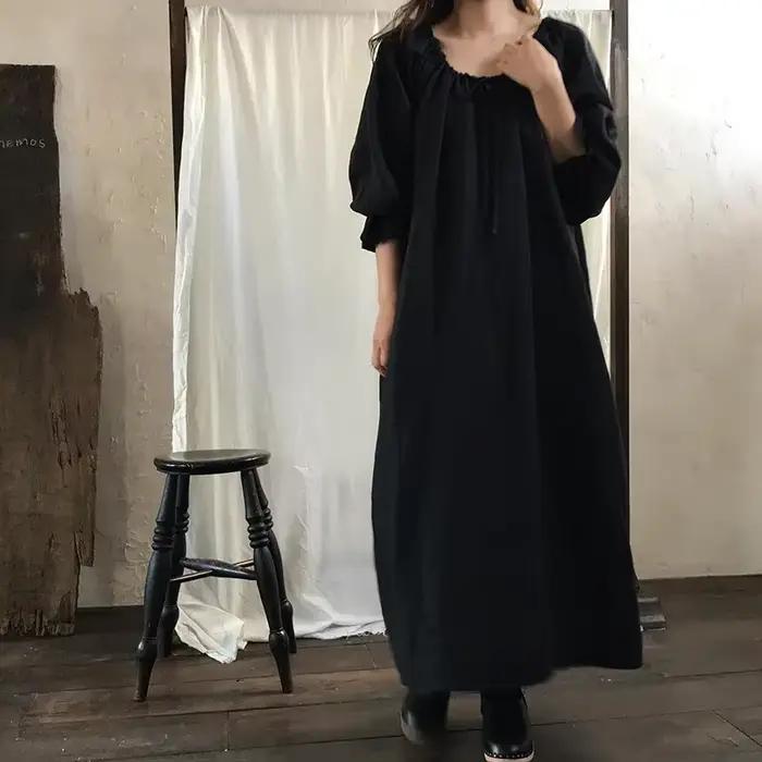 Robe élégante en coton et lin pour femmes, Maxi, décontractée, manches longues lanterne, Vintage, am