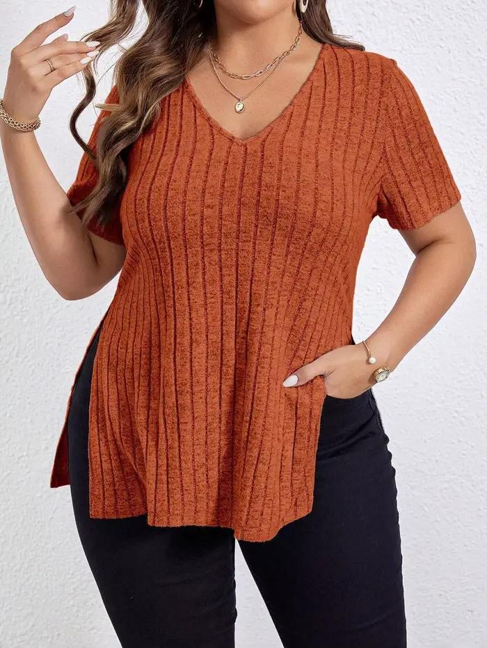 GIBSIE grande taille été col en V à manches courtes t-shirt femmes mode 2025 nouveau solide côtelé d