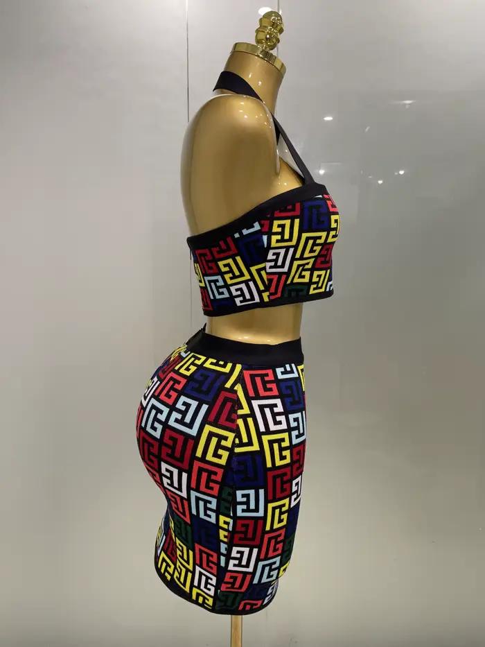 Femmes 2025 nouveau Sexy dos nu licou Jacquard deux pièces Mini jupe ensemble de bandes célébrité co