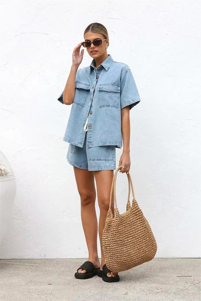 Costumes en denim vintage High Street pour femmes, manches courtes, chemise boutonnée confortable, e