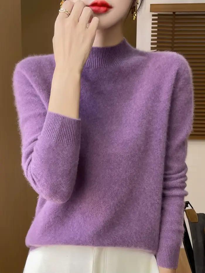 100% laine mérinos pull femmes col montant pull automne hiver basique doux chaud pulls à manches lon