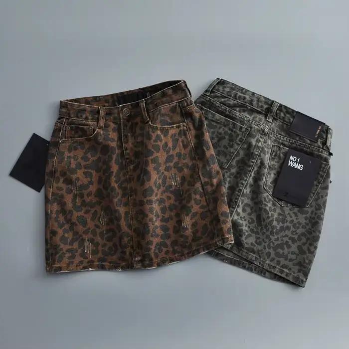 Mini-jupes taille haute pour femmes, jupes léopard à la mode, denim vert vintage, jupe de combat déc