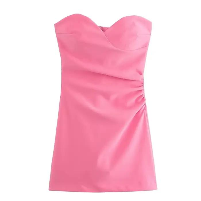 YENKYE nouvelle mode femmes rose froncé robe sans bretelles sans manches dos fermeture éclair femme 