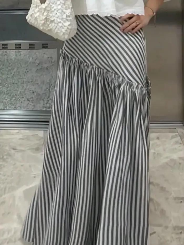 Jupe longue maxi rayée taille haute asymétrique froncée fluide coupe trapèze pour femme, idéale pour