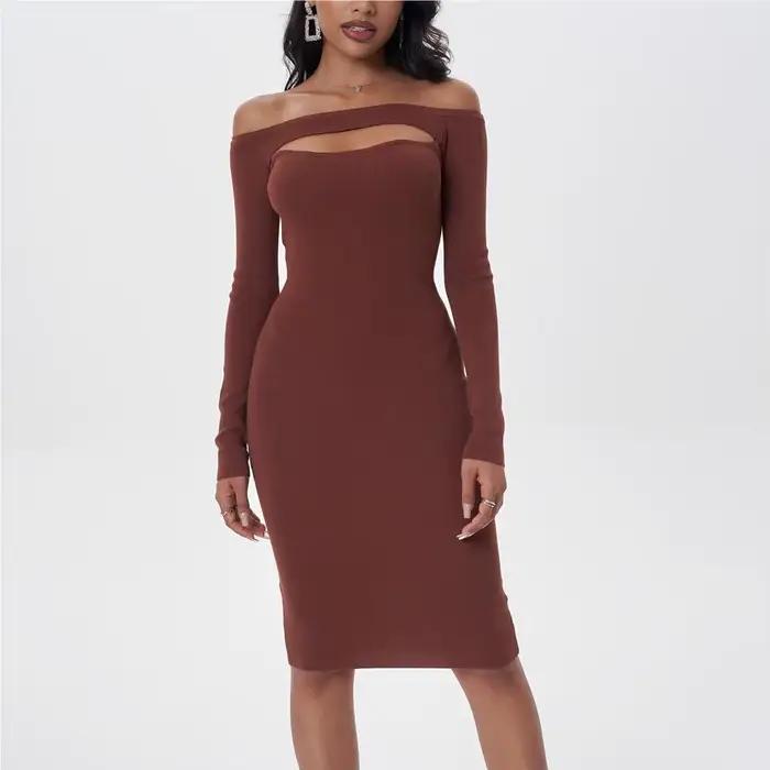 Robe de soirée courte moulante à manches longues pour femmes, robes tricotées évidées, épaule dénudé