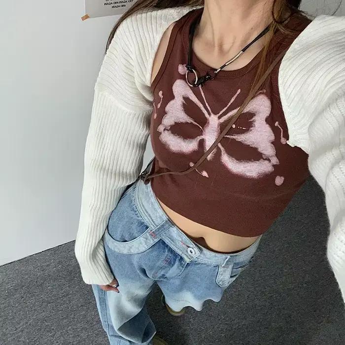 Haut court à imprimé papillon pour femmes, Streetwear des années 90, Punk esthétique Y2K, E-Girls, F