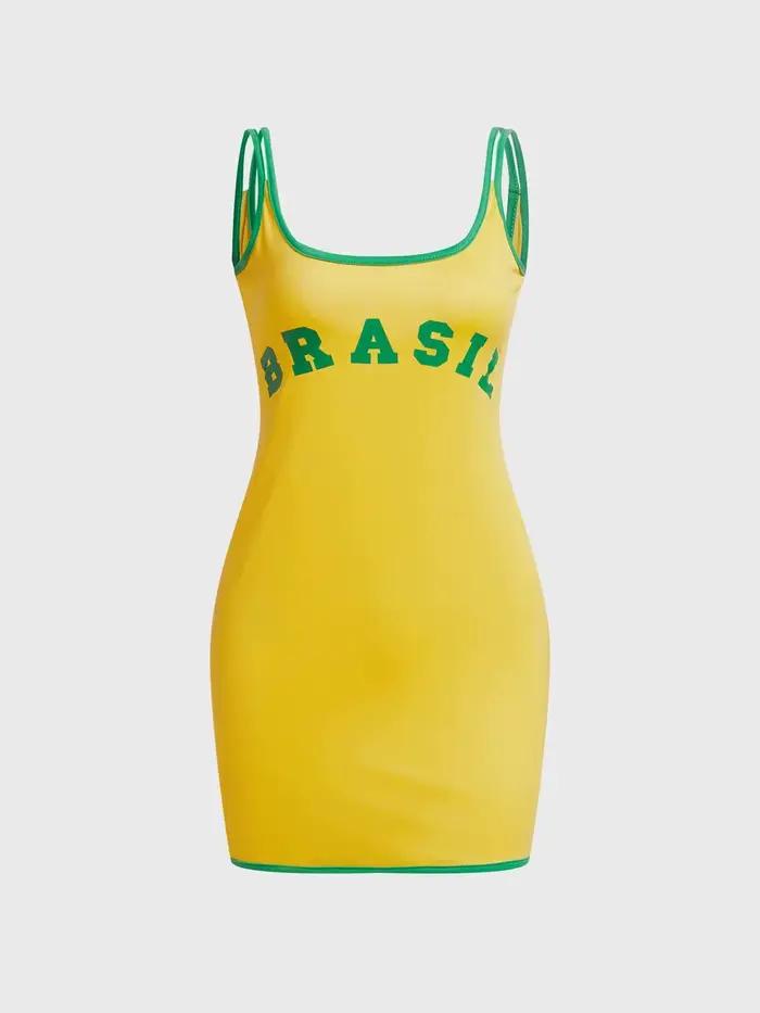 BRASCanon-Mini robe jaune imprimée avec lettres pour femme, tenue de soirée sexy, streetwear, décont