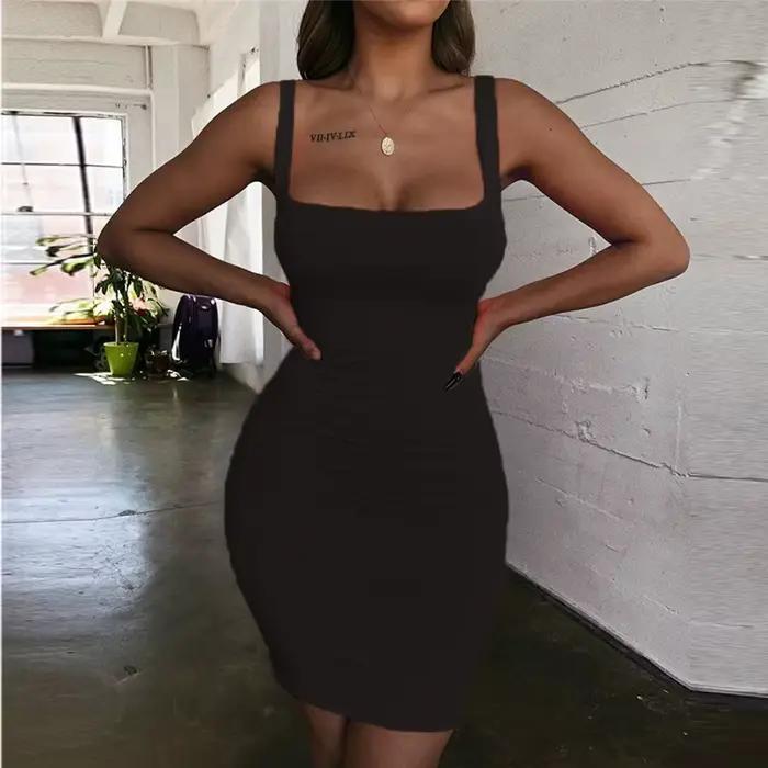 Mini robe dos nu à col carré pour femmes, robes basiques, tambour à fibre, noir, jaune, sexy, fête, 