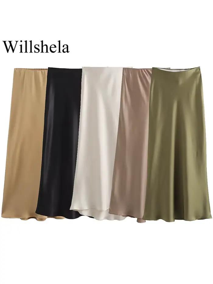 Willshela femmes mode Satin solide plissé jupe Midi Vintage taille mi élastique femme Chic dame jupe