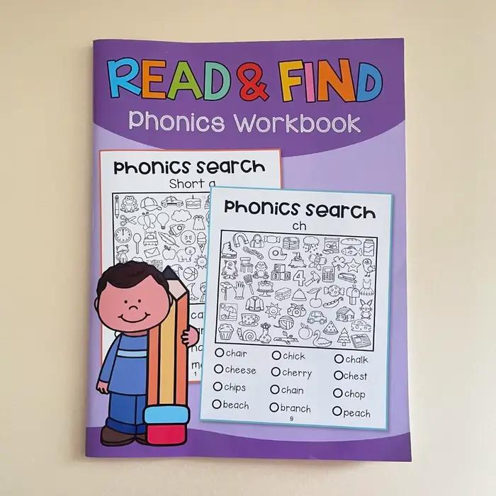 Lecture et trouver un cahier d'exercices de phonétique, apprentissage préscolaire et maternelle, out