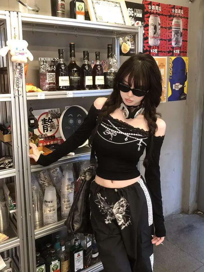 Tonngirls Harajuku imprimé t-shirt femmes maigre graphique hauts dentelle Y2k esthétique Vintage t-s