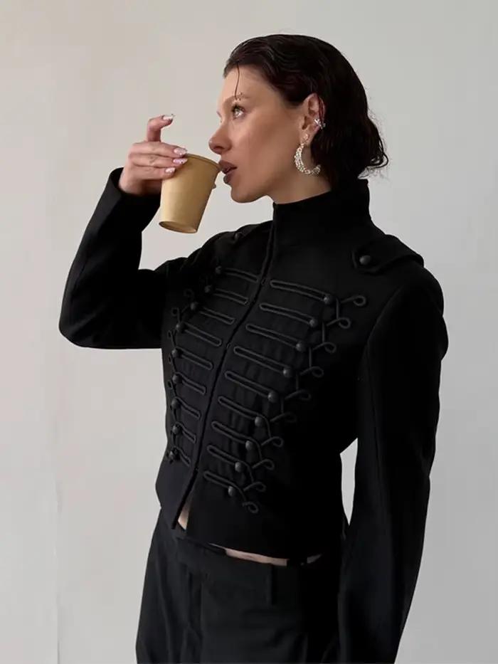 Veste Napoléon Chic pour Femme à Manches Longues, Col Montant et Boutons Cachés – Manteau Féminin Te