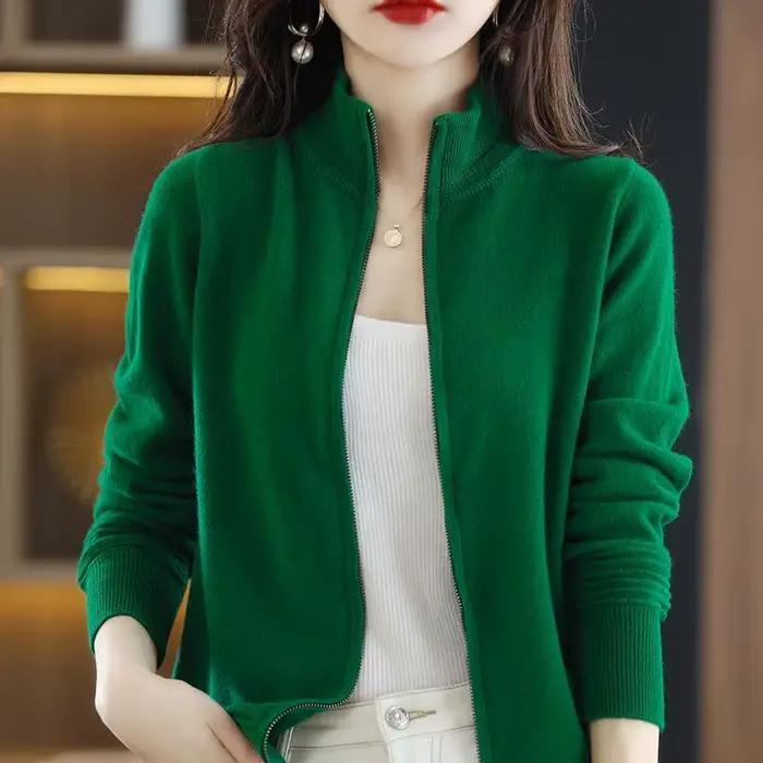 Nouveau pull en laine pour femme printemps-automne 2026, cardigan court à col montant zippé, couleur