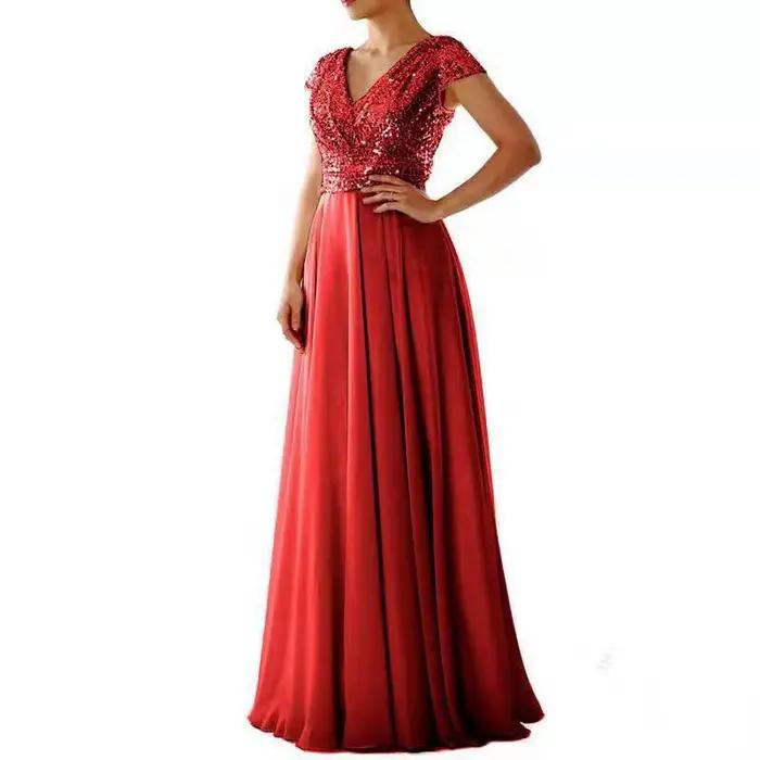 Robe longue à paillettes pour femmes, col rond, haut de rue, danse, mariage, Rhde promo, soirée, dem