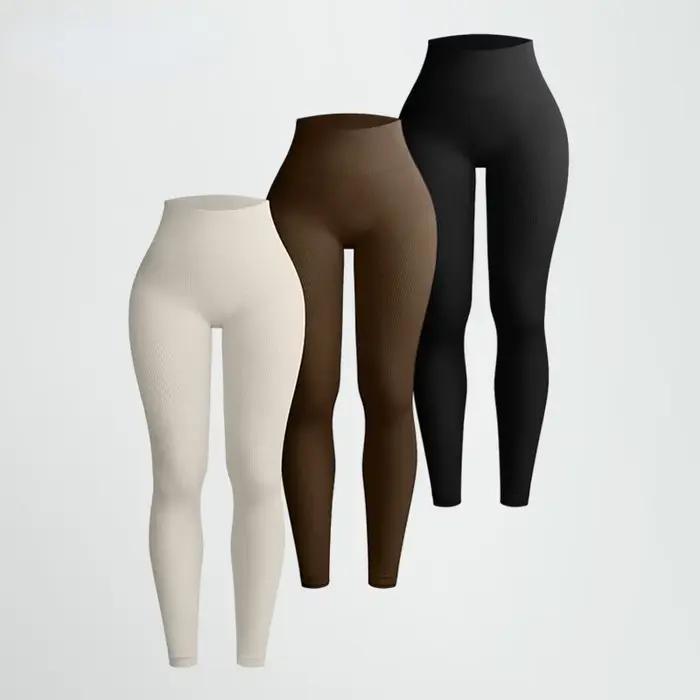 Leggings de yoga en tricot sans couture pour femmes, collants à fil solide, entraînement de gym, cou