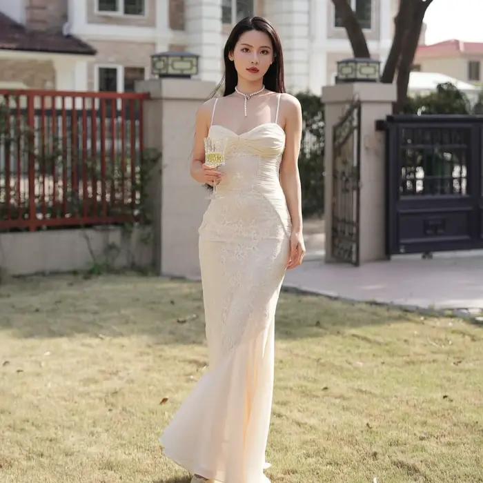 Mingmingxi – robe longue d'été pour femmes, Beige, élégante, en dentelle, avec ourlet, bretelles Spa