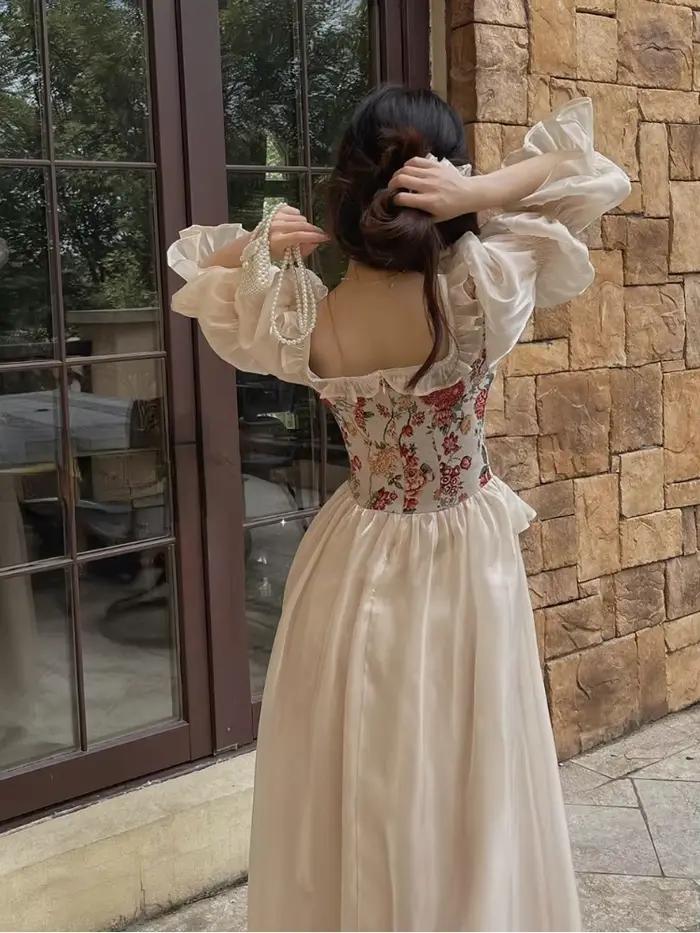 Vintage élégant imprimé robe florale femmes 2023 automne col rond décontracté soirée robe mi-longue 