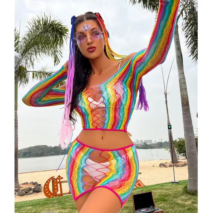 Body en résille arc-en-ciel pour femmes, haut tubulaire, transparent, bas en maille ajourée, Lingeri