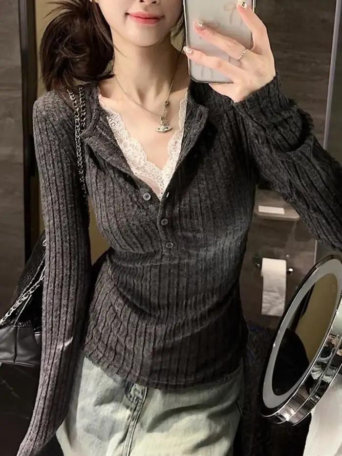 Haut en dentelle Patchwork pour femmes, T-Shirt à manches longues, chemise de Base, mode Vintage, fa