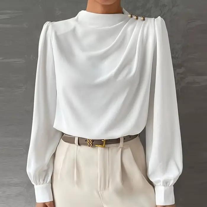 Chemisier blanc à manches longues bouffantes pour femmes, chemises de bureau élégantes, mode printem
