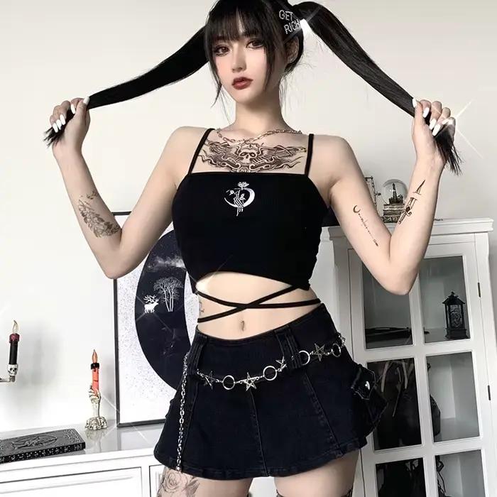 Haut court gothique imprimé à bretelles, sans manches, col carré, Slim, Sexy, col licou, chemise à b