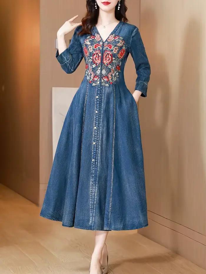 TIYIHAILEY-robe longue en jean mi-mollet à simple boutonnage pour femmes, robe brodée de Style chino