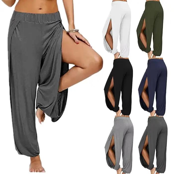 Pantalon Haren d'été à fente haute pour femmes, pantalon de sport, de Yoga, couleur unie, ample, Hip