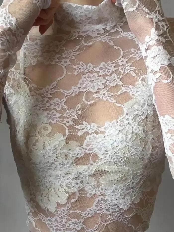 Chemisier Sexy en dentelle pour femmes, chemises d'été à col roulé, manches longues, transparent, Pa