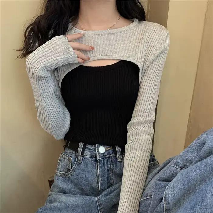 Crop Top à Manches sulfet Col Rond pour Femme, Vêtement Décontracté et Doux, Style Hipster