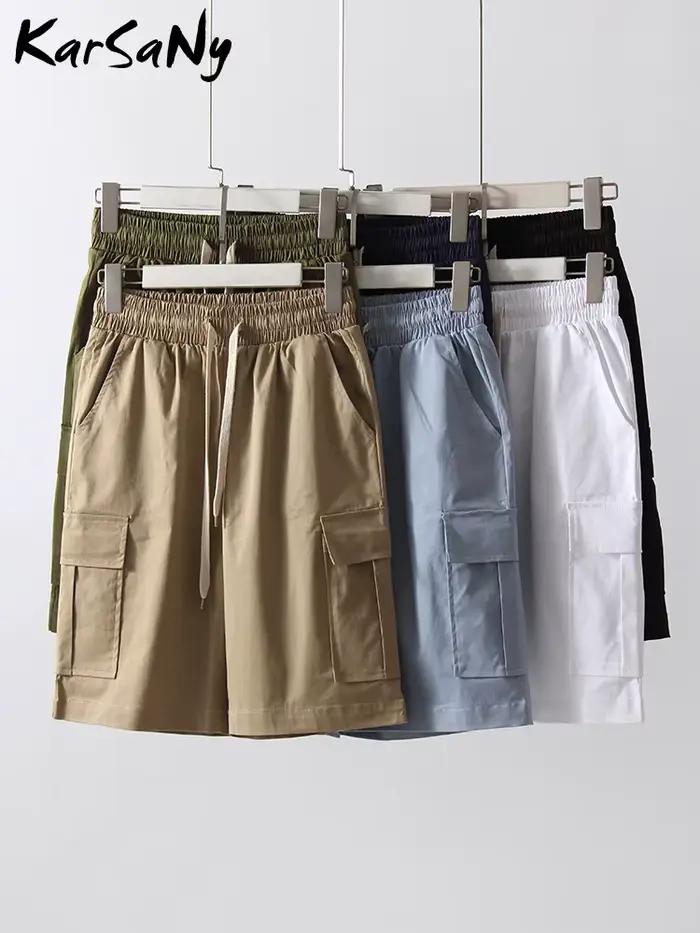 Short cargo taille haute pour femme, bermuda d'été, monochrome, grande poche, décontracté, jambe dro
