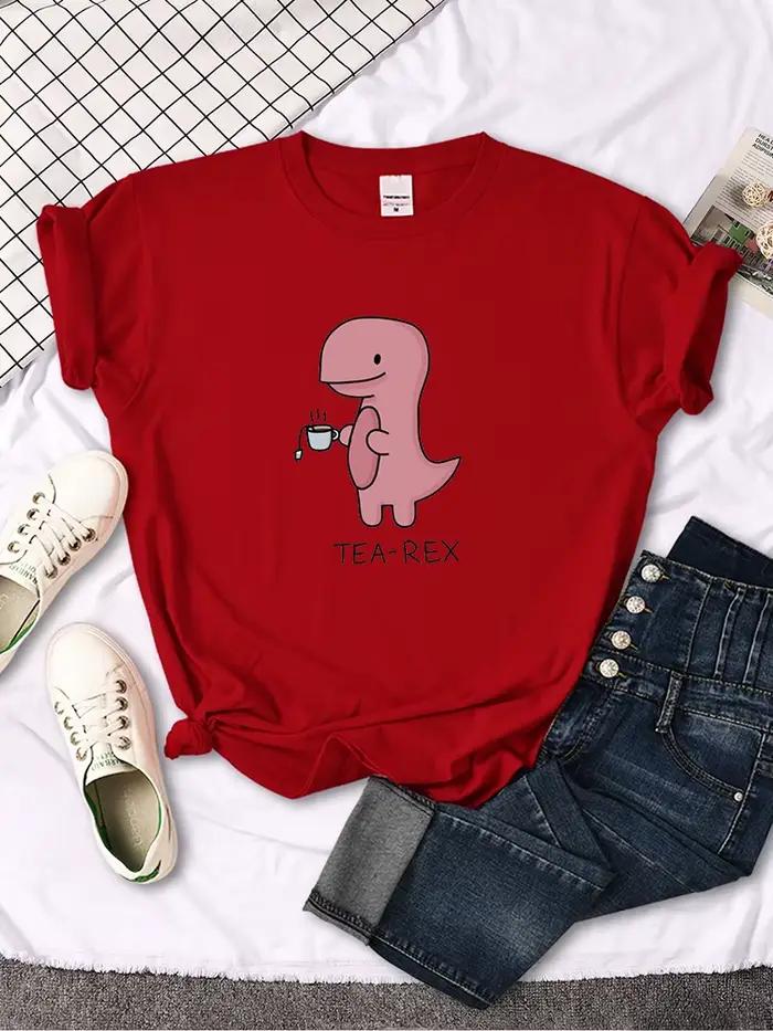 T-shirt imprimé Tea-Rex rose mignon pour femme, col rond, chemise surdimensionnée adt, Harajuku, tou