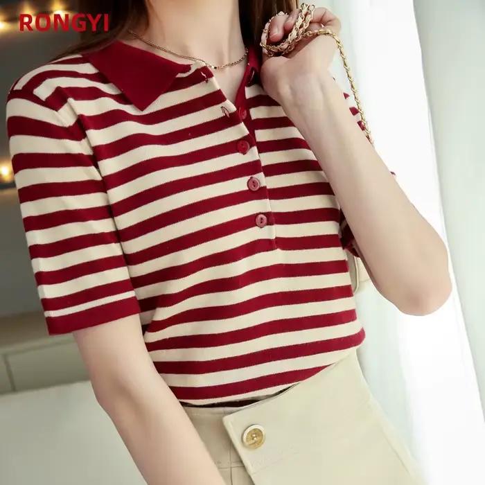 Leardean I-T-shirt à manches courtes pour femme, 100% coton, col polo, haut rayé et fin, printemps e